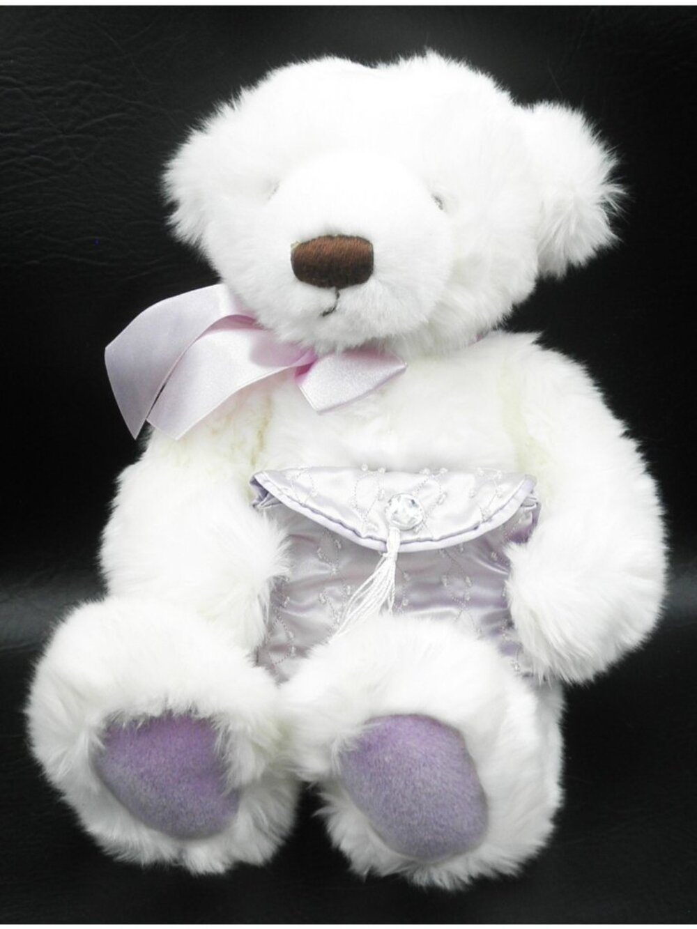 GUND Accents White Teddy Bear #42967 Plush Purple Satin Bow Beaded Pouch VTG